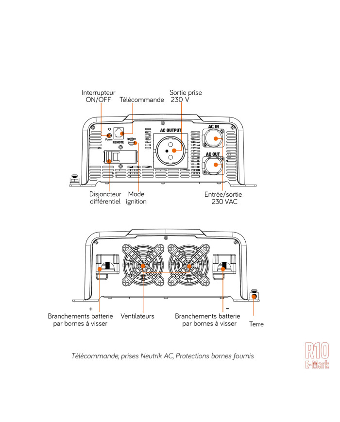 Convertisseur sinusoïdal DC/AC PRODIF 12 ou 24Vdc-230Vac 1200 à 4300Va