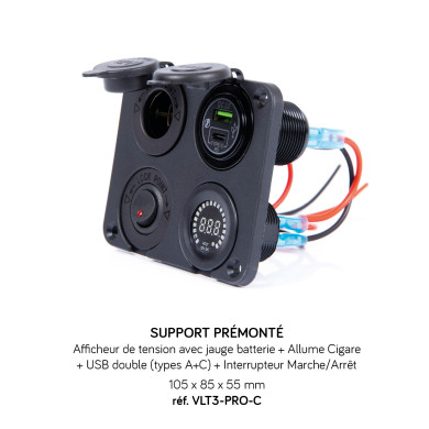 Supports DC : afficheur tension + on/off + USB + Allume-cigare