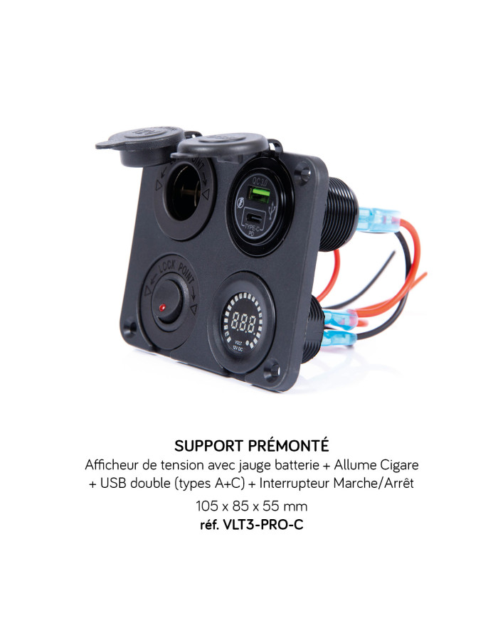 Supports DC : afficheur tension + on/off + USB + Allume-cigare