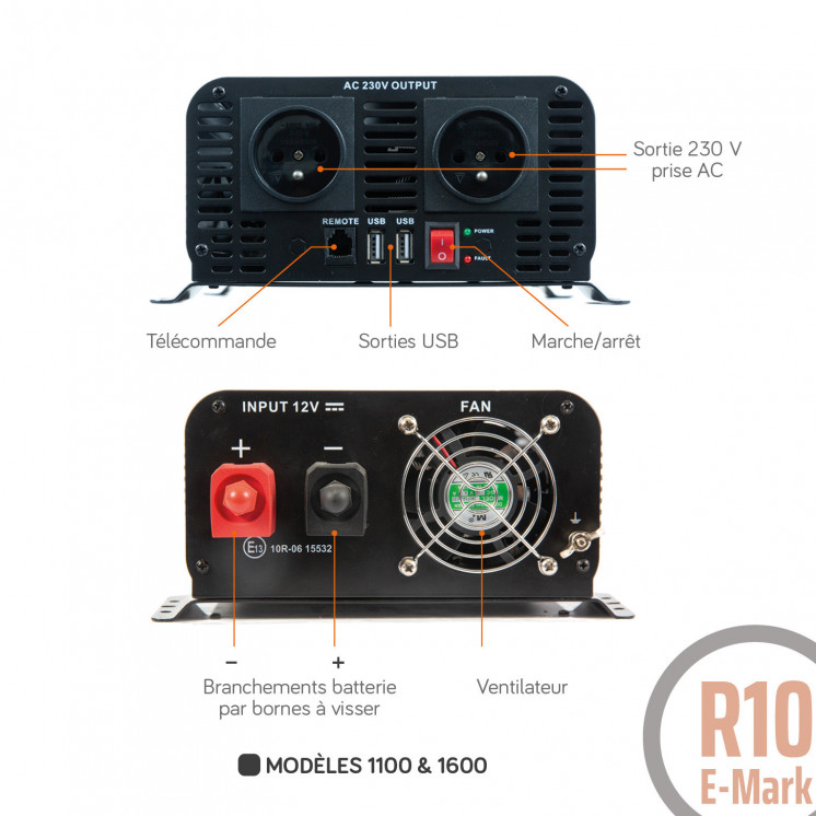 Convertisseurs sinusoïdaux DC/AC PSW-V2 : 12V / 230V - 350 à 1600 Va