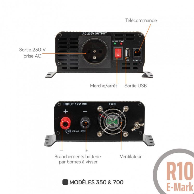 Convertisseurs sinusoïdaux DC/AC PSW-V2 : 12V / 230V - 350 à 1600 Va