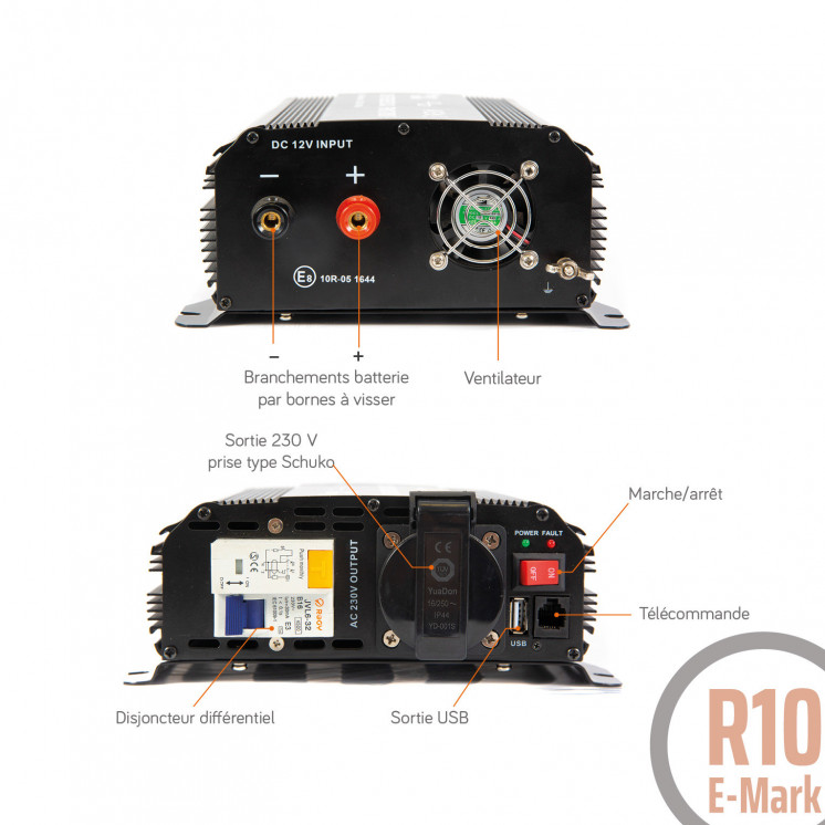 Convertisseur sinusoïdal DC/AC PSW DIF: 12 ou 24V-230V-350 à 1600Va