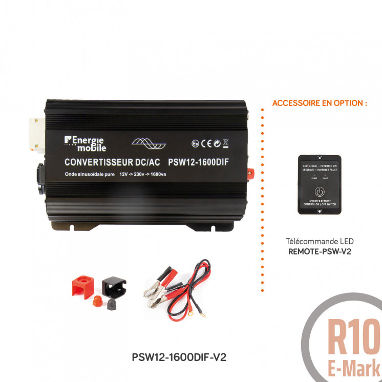 Convertisseur sinusoïdal DC/AC PSW DIF: 12 ou 24V-230V-350 à 1600Va