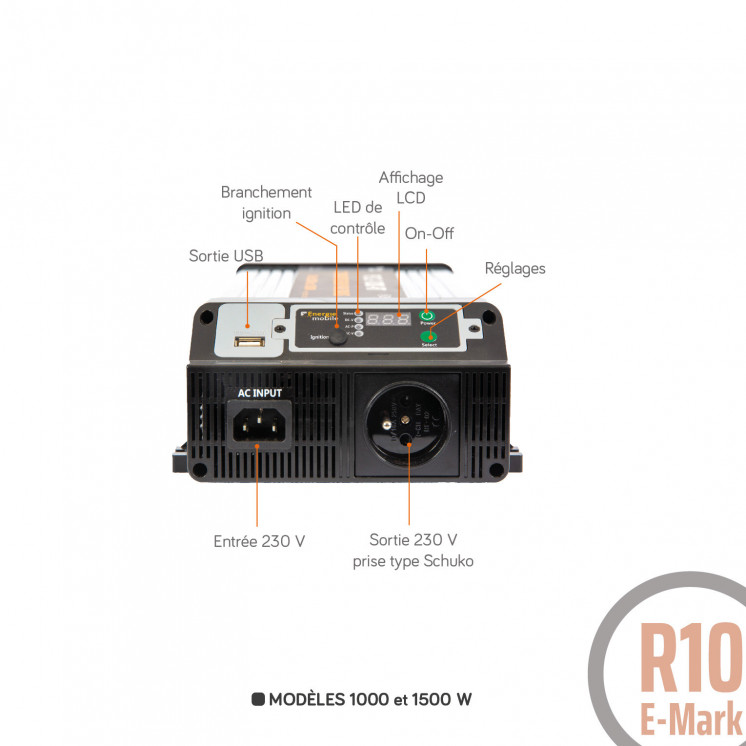 Convertisseur sinusoïdal DC/AC PS RT: 12 ou 24V-230V-1000 à 4000W