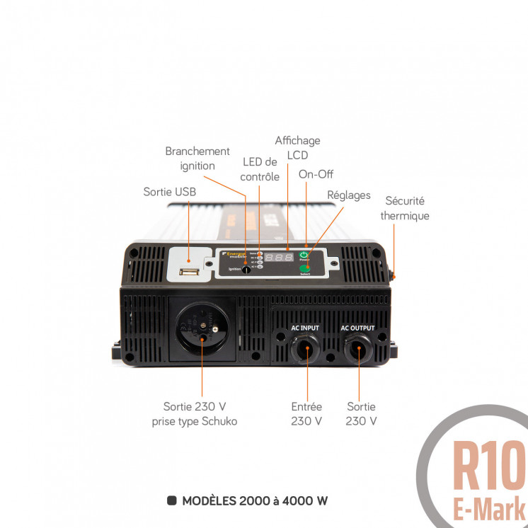 Convertisseur sinusoïdal DC/AC PS RT: 12 ou 24V-230V-1000 à 4000W