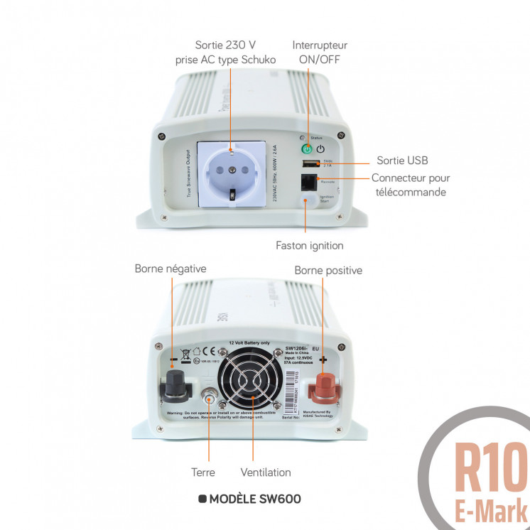 Convertisseur sinusoïdal DC/AC SW: 12 ou 24V-230V-600 à 3000W