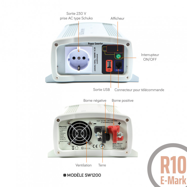 Convertisseur sinusoïdal DC/AC SW: 12 ou 24V-230V-600 à 3000W