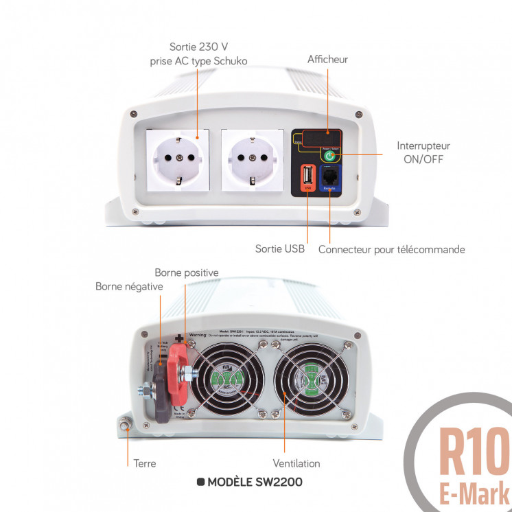 Convertisseur sinusoïdal DC/AC SW: 12 ou 24V-230V-600 à 3000W