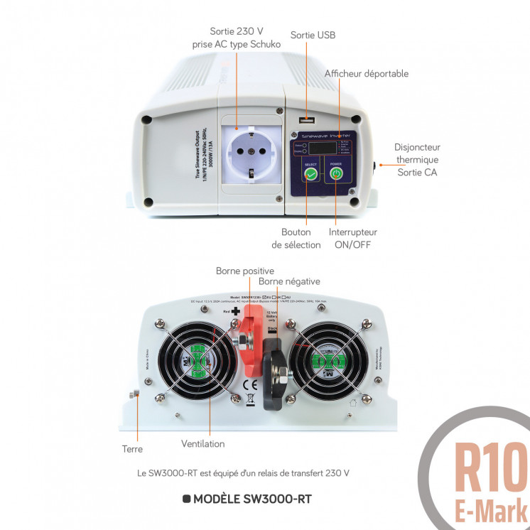 Convertisseur sinusoïdal DC/AC SW: 12 ou 24V-230V-600 à 3000W